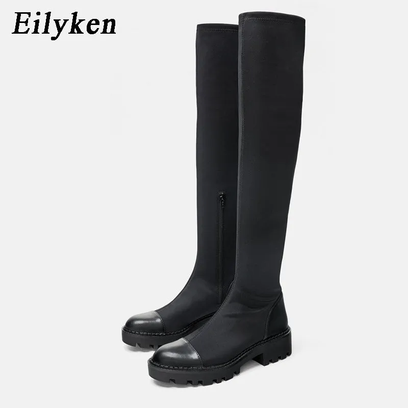 kamames 2023 New Platform Over The Knee Boot Women Slim Stretch Fabric Long Sock Boots Winter Low Heel Casual Ladies Shoes