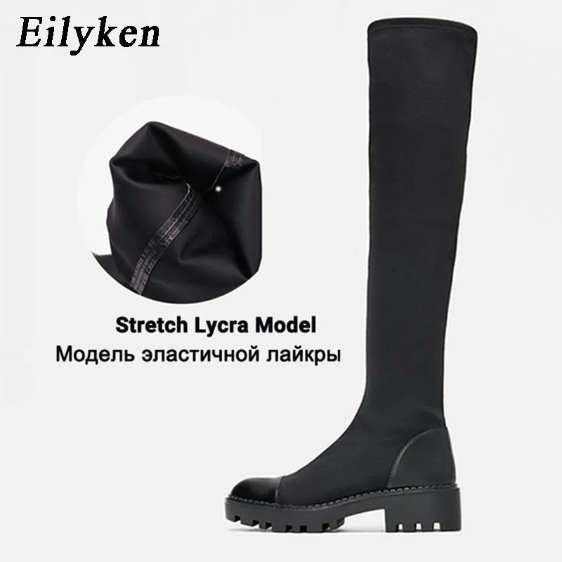 kamames 2023 New Platform Over The Knee Boot Women Slim Stretch Fabric Long Sock Boots Winter Low Heel Casual Ladies Shoes