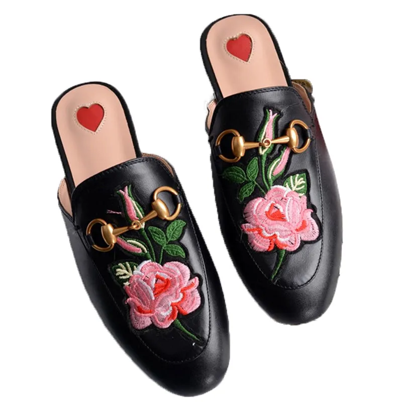 Leather Flats with Rose Design