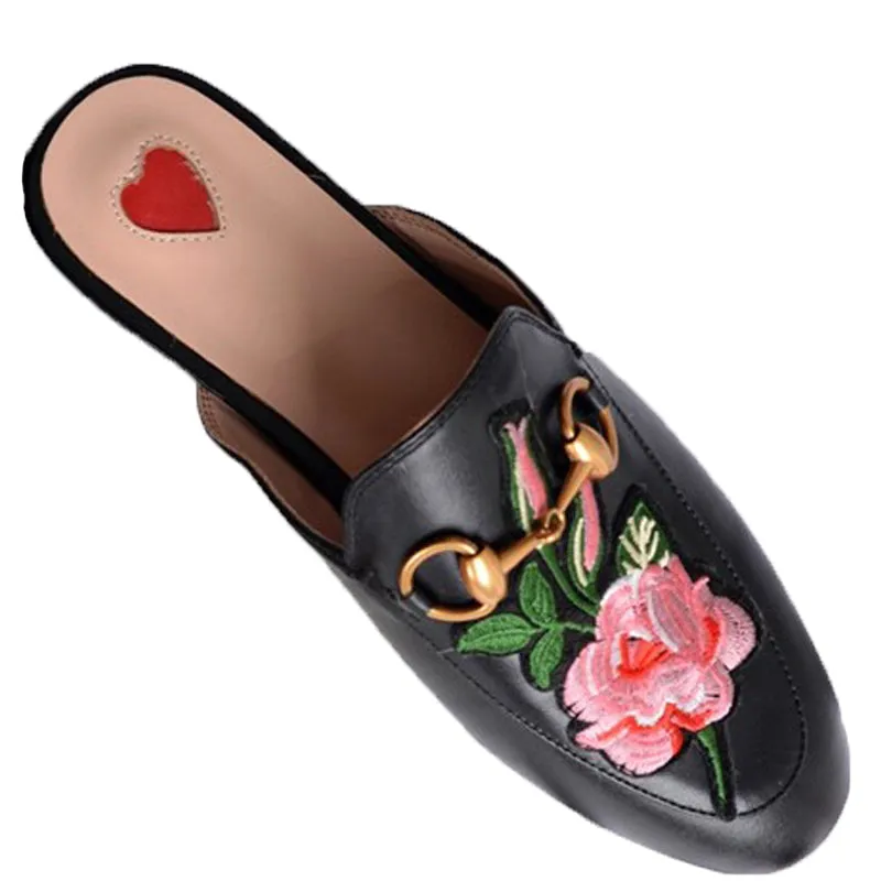 Leather Flats with Rose Design
