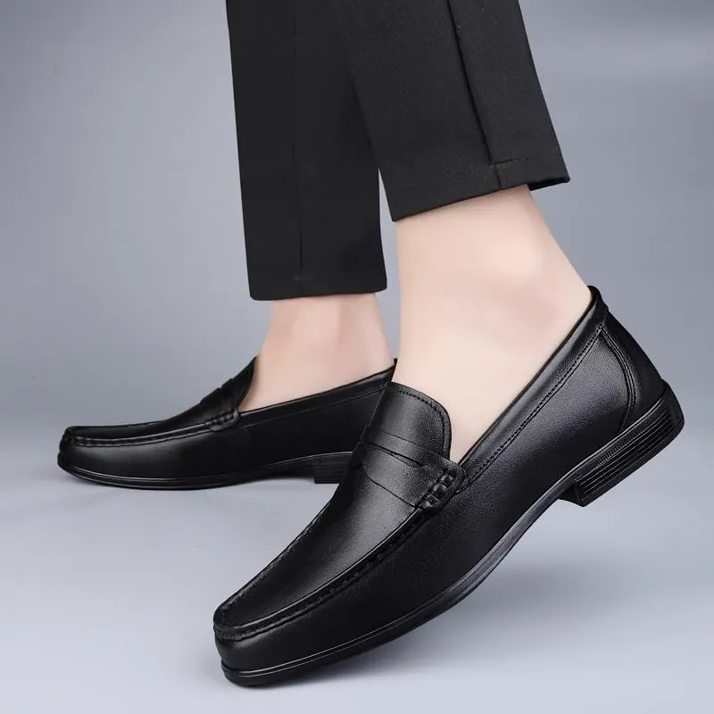Men's Genuine Leather Platform Slip-On Leather Dress Shoes Casual Business Oxford Shoes for Men
