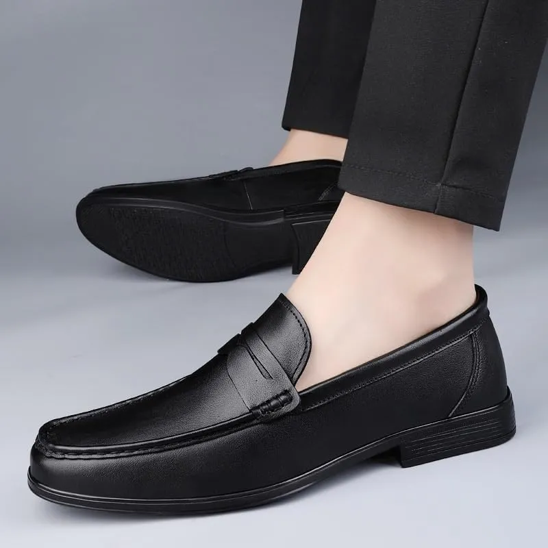Men's Genuine Leather Platform Slip-On Leather Dress Shoes Casual Business Oxford Shoes for Men