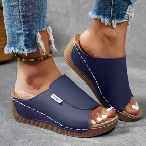 Orthopedic Sandals for Women,Flip Flops with Arch Support for Women,Comfortable Platform Slides Solid Color Breathable Summer Orthotic Leather Open Toe Wedge Sandals Slip On Casual Walking Slippers