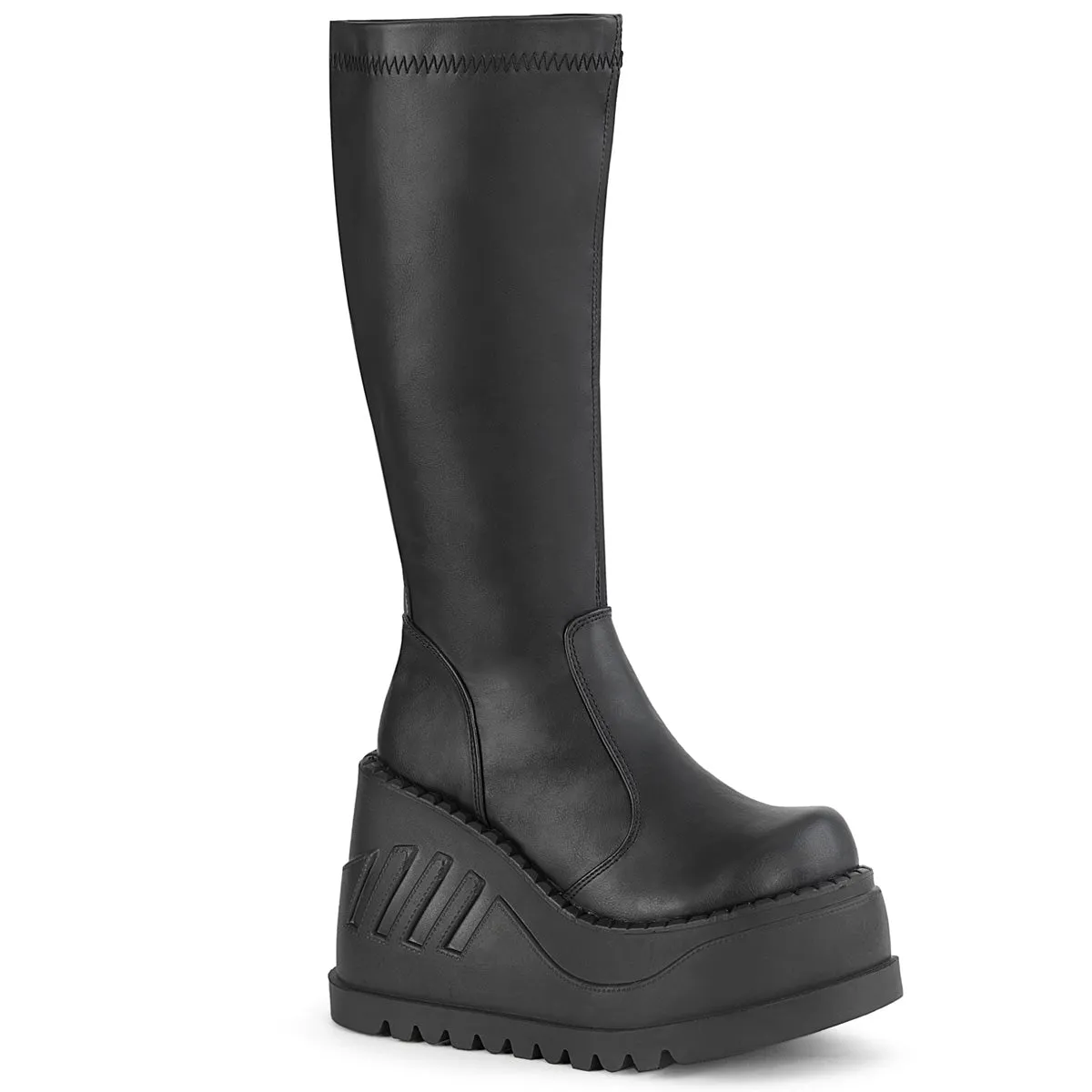 STOMP-200 DemoniaCult Black Stretch Vegan Leather Sexy Women's Mid-Calf & Knee High Boots (Alternative Footwear)