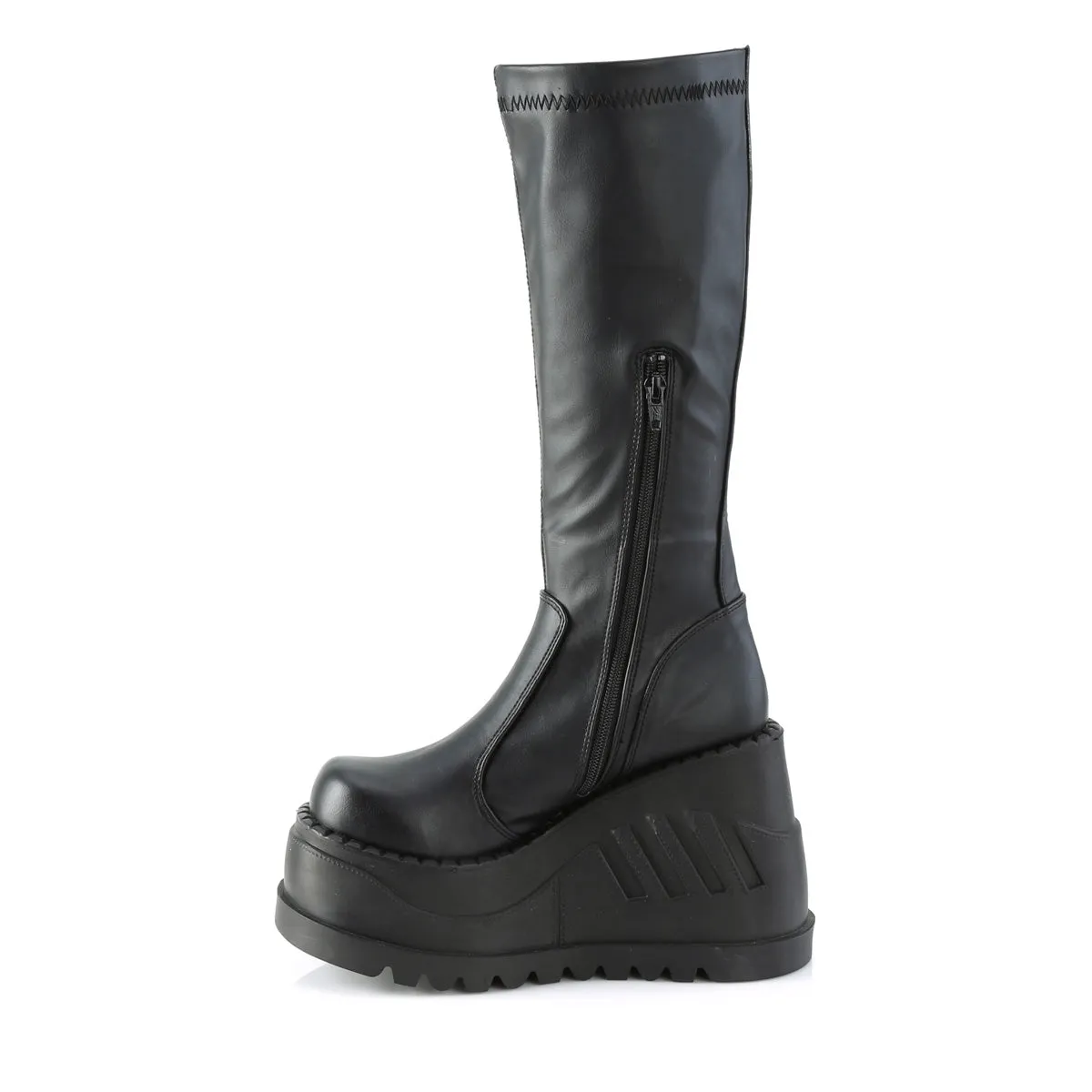 STOMP-200 DemoniaCult Black Stretch Vegan Leather Sexy Women's Mid-Calf & Knee High Boots (Alternative Footwear)