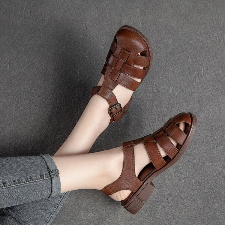 Women's Closed Toe Leather Flat Fisherman Shoes Sandals