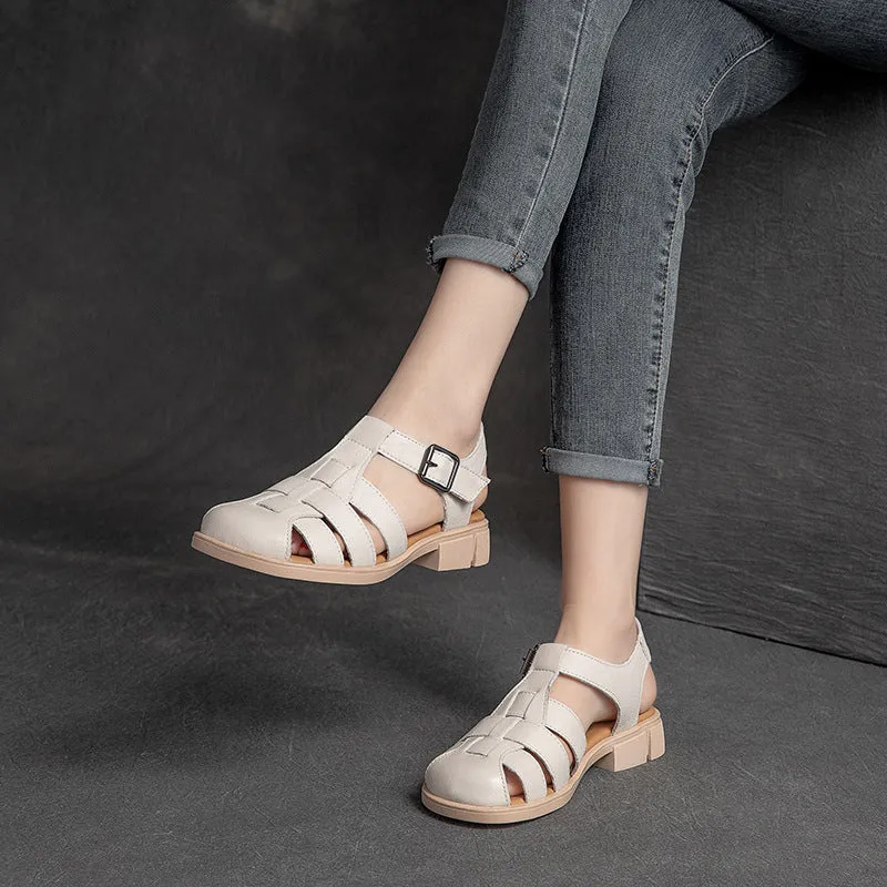 Women's Closed Toe Leather Flat Fisherman Shoes Sandals