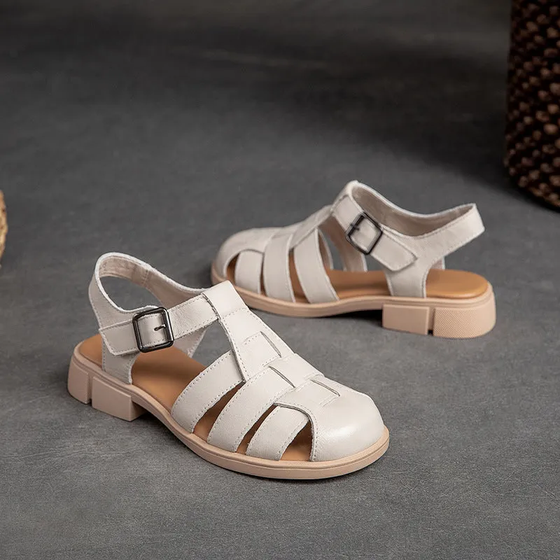 Women's Closed Toe Leather Flat Fisherman Shoes Sandals