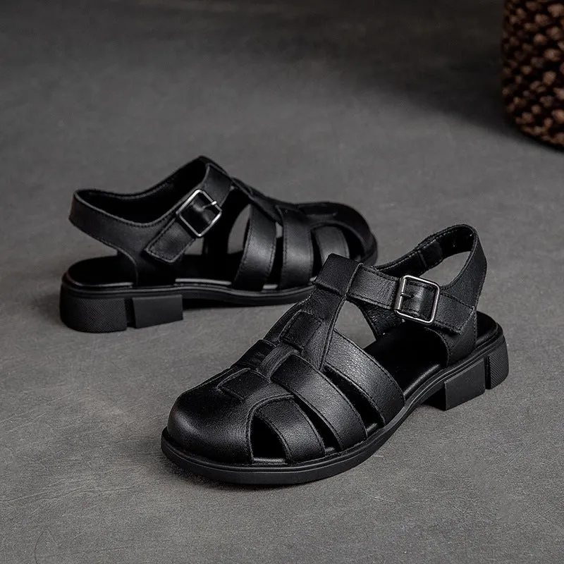 Women's Closed Toe Leather Flat Fisherman Shoes Sandals