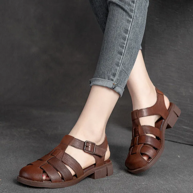 Women's Closed Toe Leather Flat Fisherman Shoes Sandals