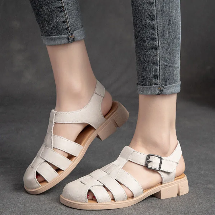 Women's Closed Toe Leather Flat Fisherman Shoes Sandals