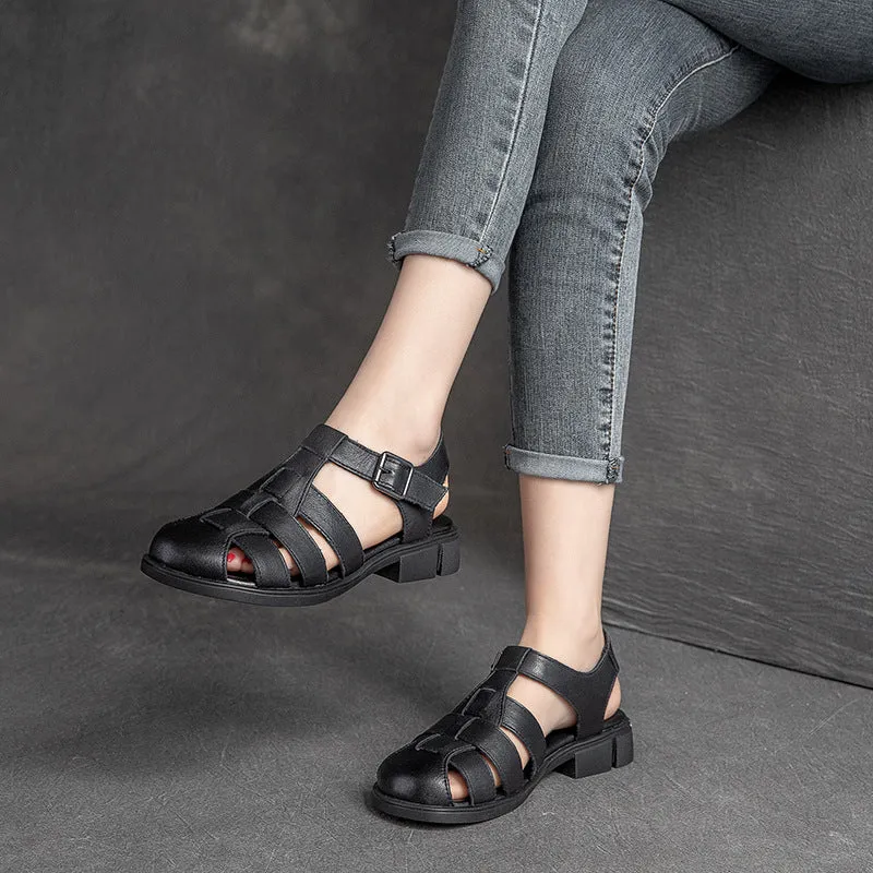 Women's Closed Toe Leather Flat Fisherman Shoes Sandals