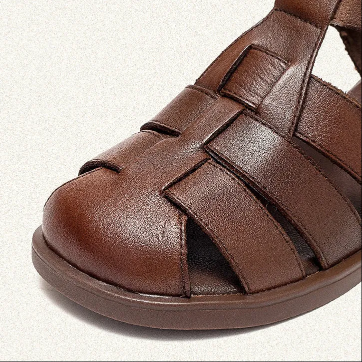 Women's Closed Toe Leather Flat Fisherman Shoes Sandals