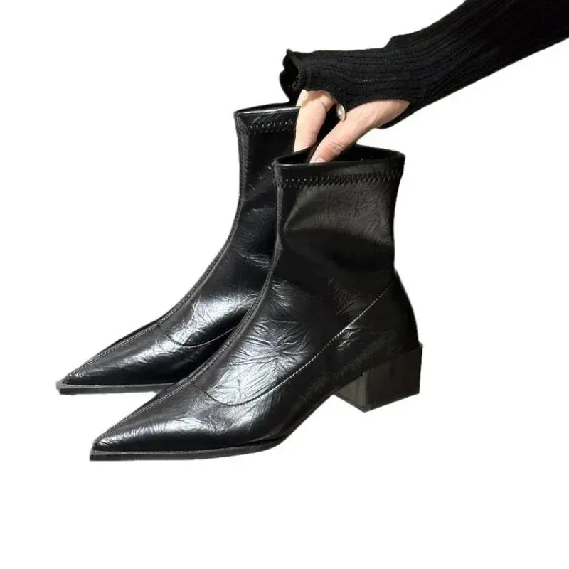 Women's Fashion Ankle Boots - Pointed Toe, Square Low Heel, Casual Winter Footwear