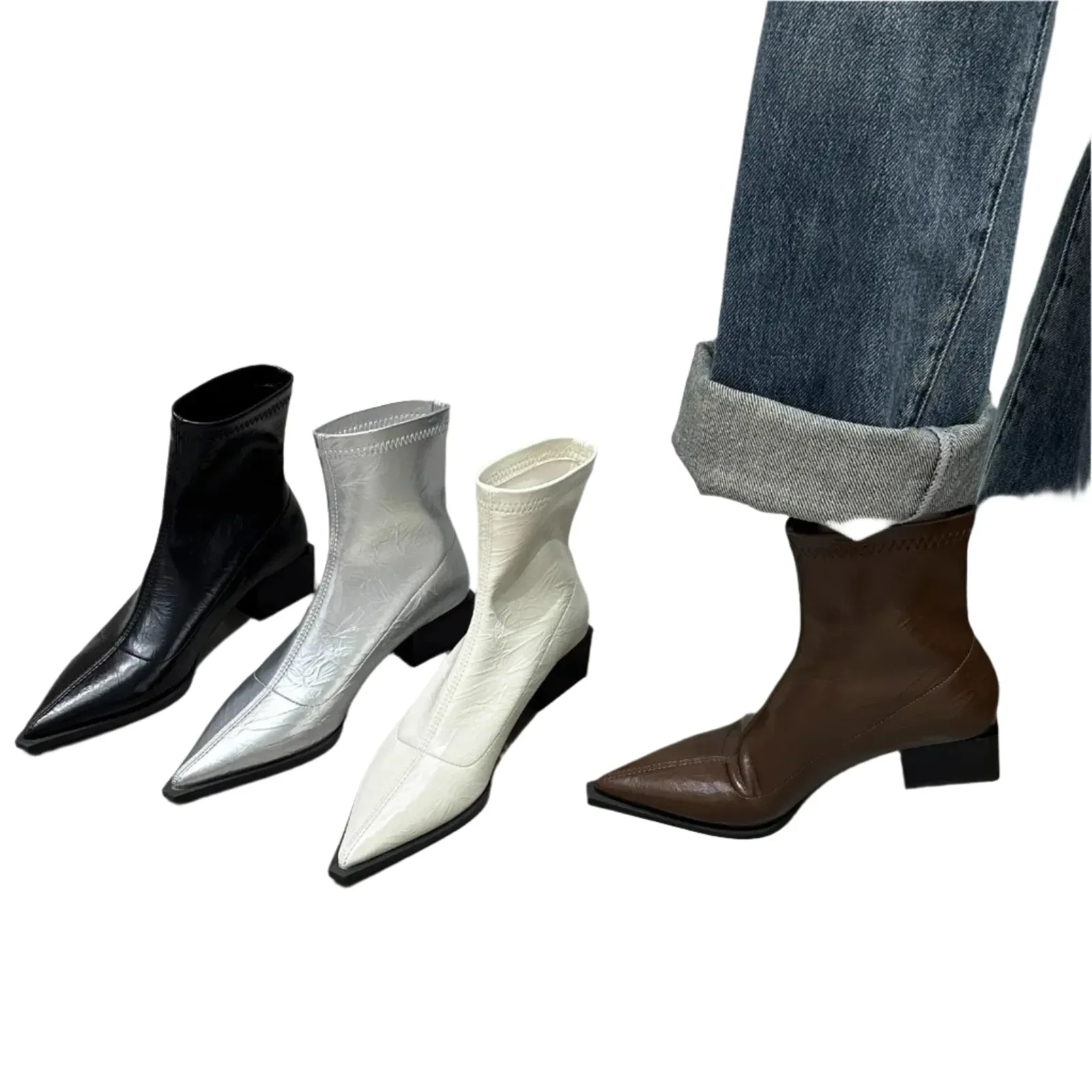 Women's Fashion Ankle Boots - Pointed Toe, Square Low Heel, Casual Winter Footwear