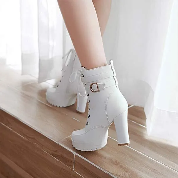 Women's Front Lace-Up Side-Zip Chunky High Heel Ankle Boots 38534323C