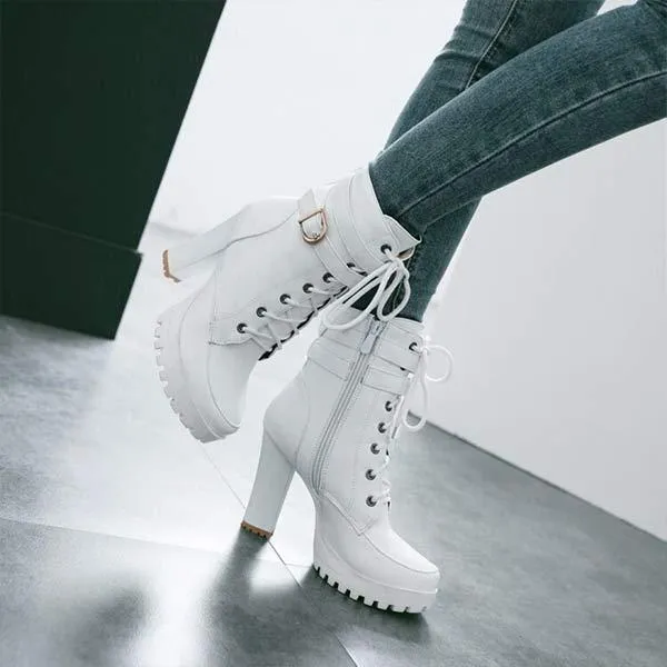 Women's Front Lace-Up Side-Zip Chunky High Heel Ankle Boots 38534323C