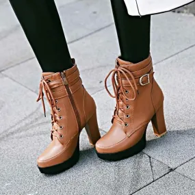 Women's Front Lace-Up Side-Zip Chunky High Heel Ankle Boots 38534323C