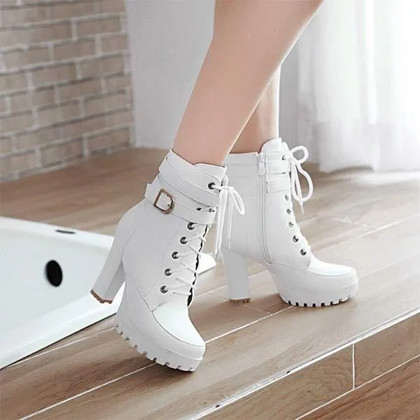 Women's Front Lace-Up Side-Zip Chunky High Heel Ankle Boots 38534323C