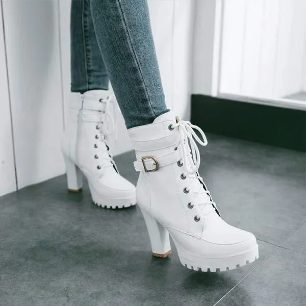 Women's Front Lace-Up Side-Zip Chunky High Heel Ankle Boots 38534323C