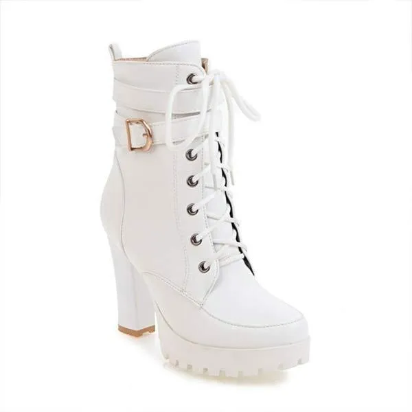 Women's Front Lace-Up Side-Zip Chunky High Heel Ankle Boots 38534323C