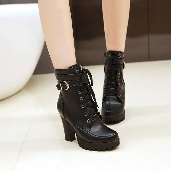 Women's Front Lace-Up Side-Zip Chunky High Heel Ankle Boots 38534323C