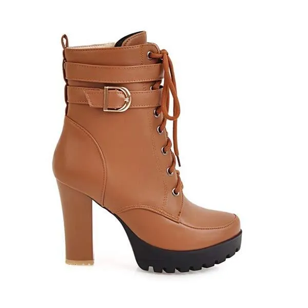 Women's Front Lace-Up Side-Zip Chunky High Heel Ankle Boots 38534323C