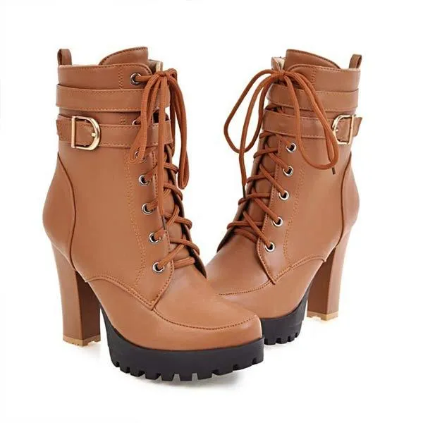 Women's Front Lace-Up Side-Zip Chunky High Heel Ankle Boots 38534323C
