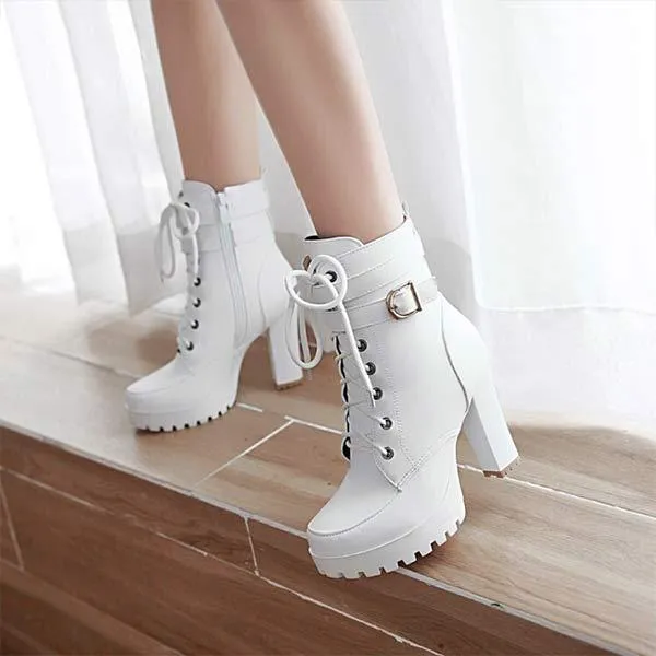 Women's Front Lace-Up Side-Zip Chunky High Heel Ankle Boots 38534323C