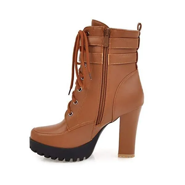 Women's Front Lace-Up Side-Zip Chunky High Heel Ankle Boots 38534323C