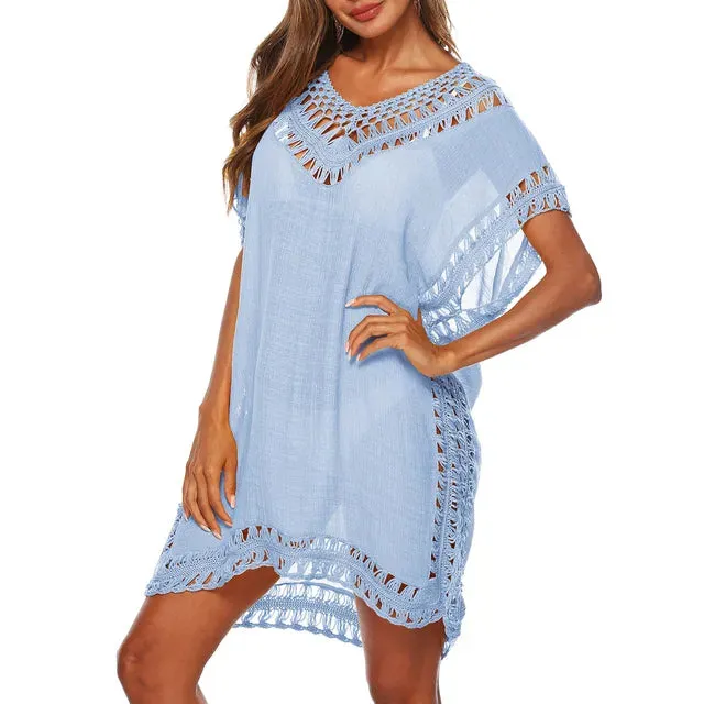 Women's Loose Swimsuit Cover Up Dress With Eyelet Lace Style Adornment