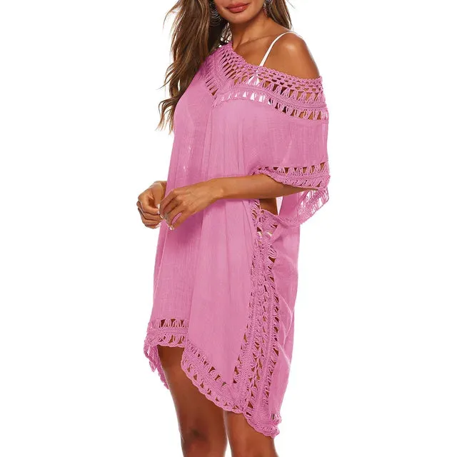Women's Loose Swimsuit Cover Up Dress With Eyelet Lace Style Adornment