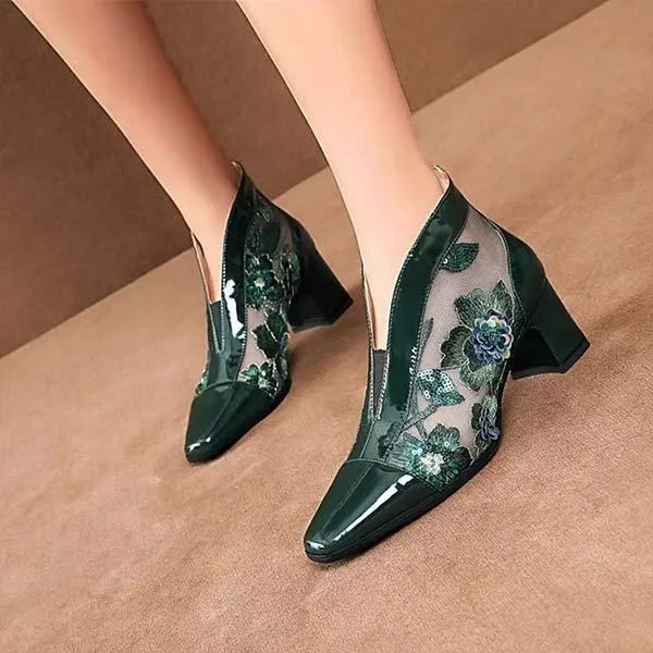 Women's Mesh Pointed Toe Summer Boots with Embroidery and Chunky Heel 71584826C