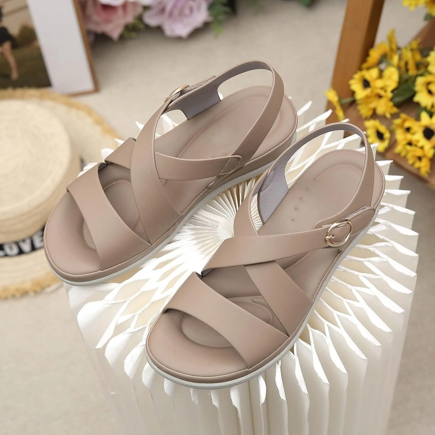 Women's Orthopedic Wedge Platform Sandals 2025 Summer Casual Open Toe Fashion Hollow Out Solid Color Cushion Sandal Beach Walking Boho Casual High Wedges Hiking Strappy Footwear