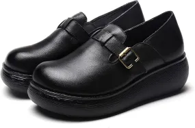 Women's Retro Leather Belt Buckle Thick Sole Loafers Fashionable and Comfortable Handmade Leather Thick Soled Shoes