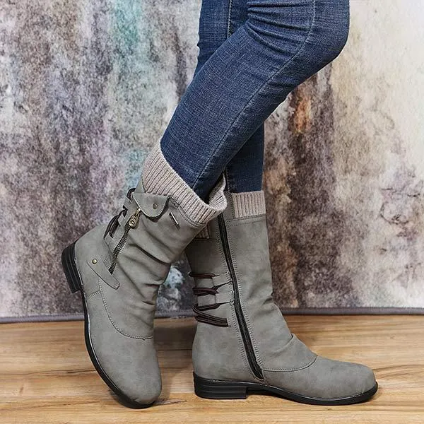 Women's Round-Toe Side-Zip Short Boots with Knitted Trim 12798808C