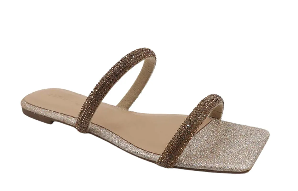 Women's Slip on Sandals Rhinestone Bling Flat Open Toe Slides-Block-53 By Bamboo