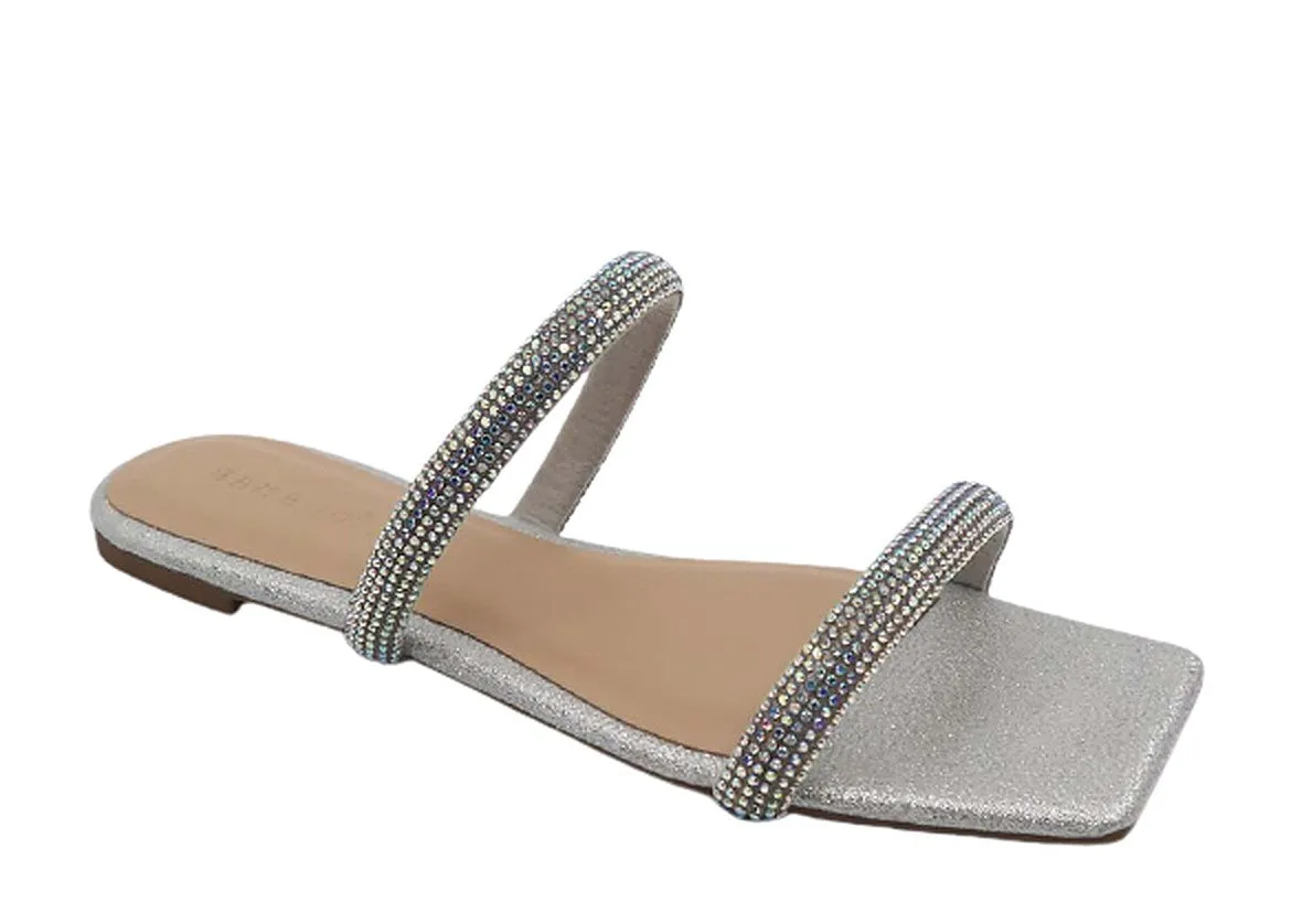 Women's Slip on Sandals Rhinestone Bling Flat Open Toe Slides-Block-53 By Bamboo