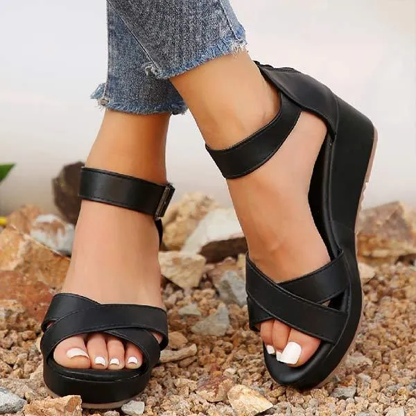 Women's Wedge Heel Peep-Toe Slingback Sandals with Buckle 81223579C